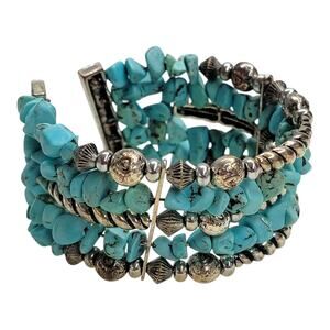 Vintage Southwestern Turquoise Tone Chip Multi Strand Beaded Wire Cuff Bracelet